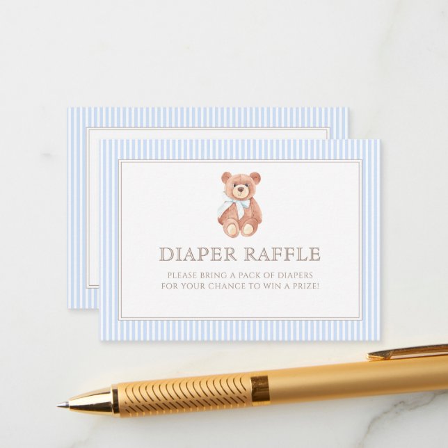 Carte D'accompagnement Teddy Bear Boy Classic Baby shower Diaper Raffle (Devant/Arrière en situation)