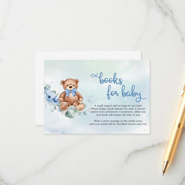 Carte D'accompagnement Teddy Bear et Blue Floral Boho Books for Baby (Devant/Arrière en situation)