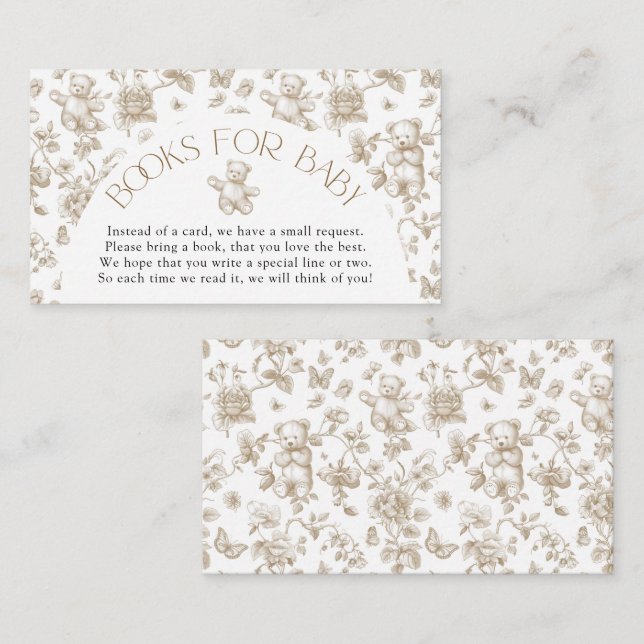 Carte D'accompagnement Teddy Bear Neutral Toile Livres pour Baby shower (Devant / Derrière)