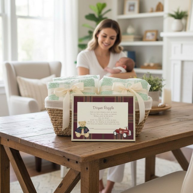 Carte D'accompagnement Teddy Bear & Toy Car Baby Shower Diaper Raffle  (Créateur téléchargé)