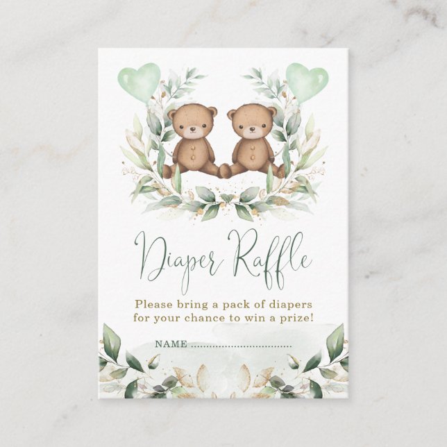 Carte D'accompagnement Teddy Bear Twins Greenery Gold Diaper Raffle Baby (Devant)