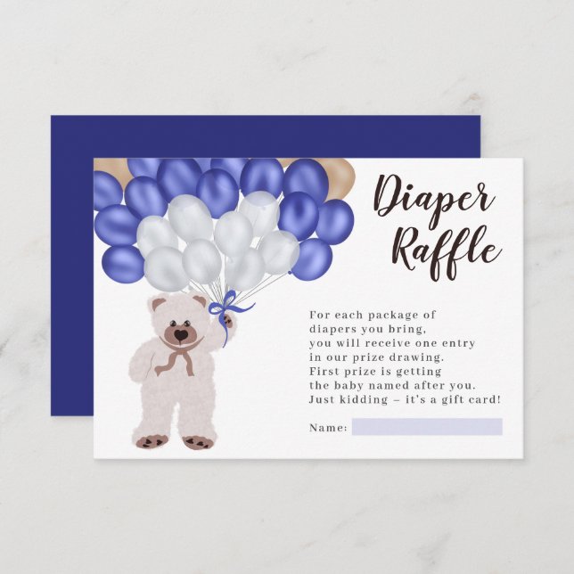 Carte D'accompagnement Teddy ours bleu marine ballon diaper tombola douch (Devant / Derrière)