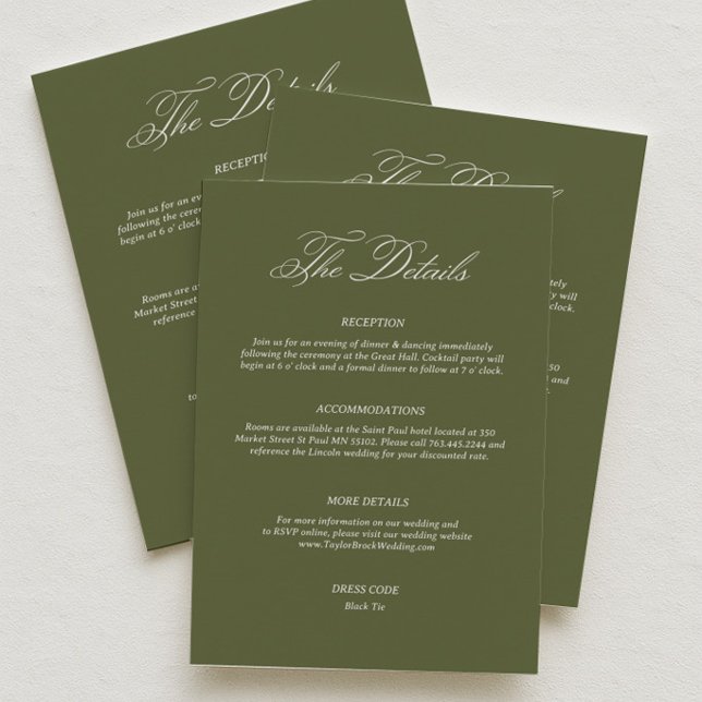 Carte D'accompagnement Tenue de mariage simple vert olive détails (Créateur téléchargé)