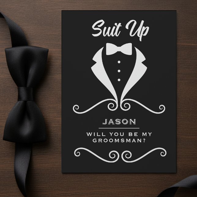 Carte D'accompagnement Tenue de témoin de mariage - Nœud papillon noir (Groomsman Proposal Suit Up Tuxedo Bowtie Black Enclosure Card
)