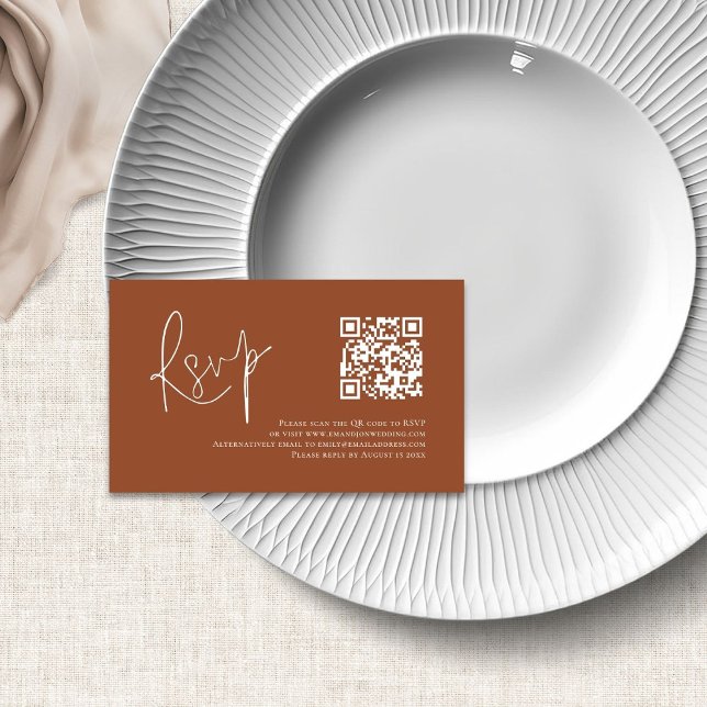 Carte D'accompagnement Terracotta Blanc Script QR Code Mariage RSVP (Créateur téléchargé)
