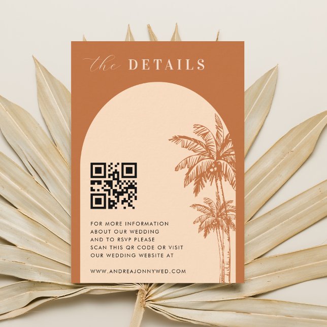 Carte D'accompagnement Terracotta Boho Palm Trees QR Code Détails Mariage (Créateur téléchargé)