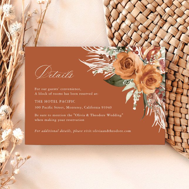 Carte D'accompagnement Terracotta Boho Rose Floral Wedding Details Hotel (Terracotta boho rose floral hotel details card wedding stationery pampas, watercolor, modern classic)