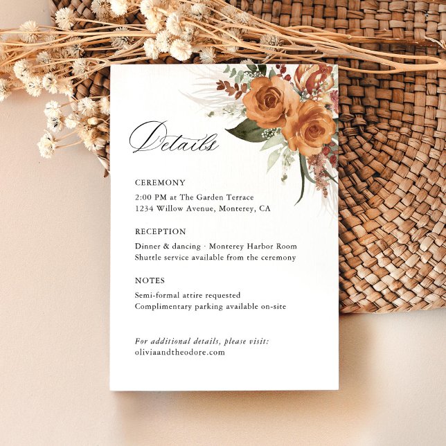 Carte D'accompagnement Terracotta Boho Rose Wedding Details, Ceremony (Terracotta rose floral wedding details card, boho garden wedding stationery with watercolor, pampas)