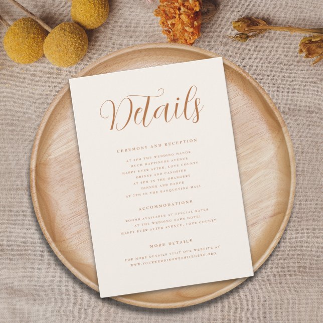 Carte D'accompagnement Terracotta Élégant Script Mariage moderne détails (Terracotta burnt orange beige cream Elegant script fall Wedding details card)