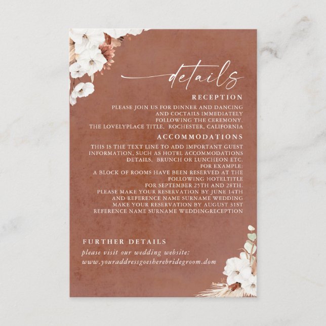 Carte D'accompagnement Terracotta et fleurs blanches Boho Détails du Mari (Devant)