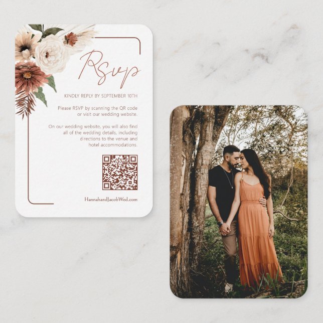 Carte D'accompagnement Terracotta Fall Floral Moderne QR Code RSVP (Devant / Derrière)