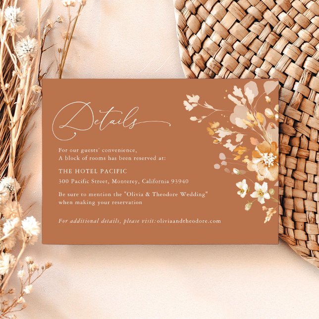 Carte D'accompagnement Terracotta Floral Elegant Wedding Details Hotel (Elegant terracotta floral wedding details card with hotel accommodation information neutral)