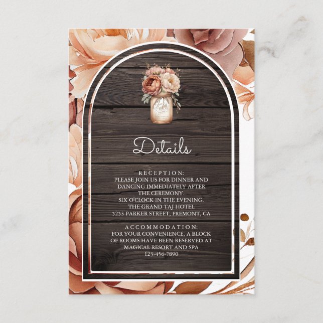 Carte D'accompagnement Terracotta Floral Mason Jar Wood Wedding Details (Devant)
