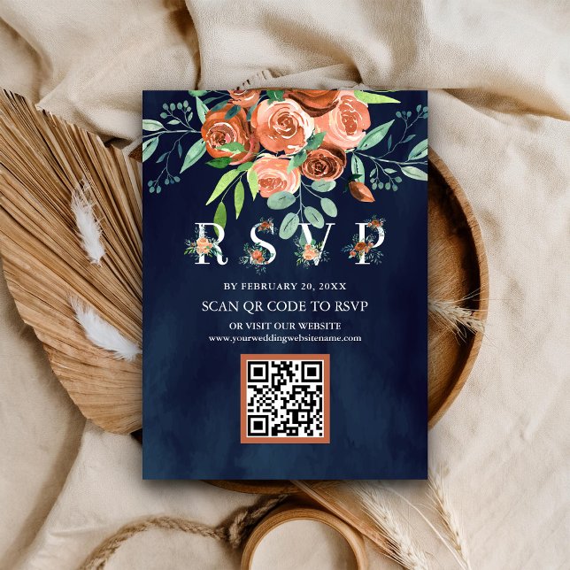 Carte D'accompagnement Terracotta Floral Navy bleu QR Code RSVP Mariage (Créateur téléchargé)