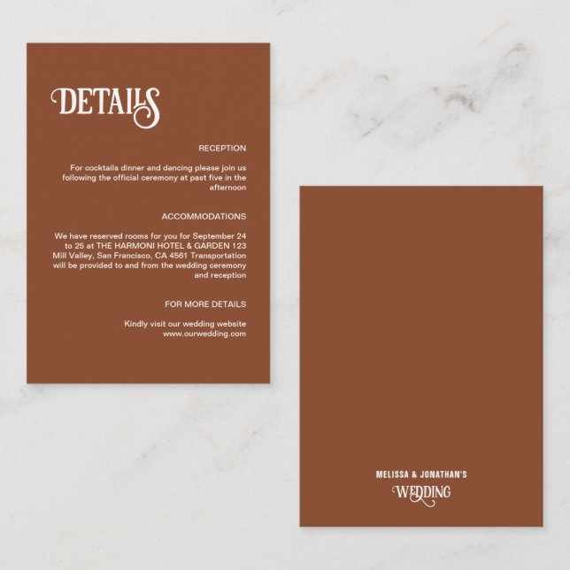 Carte D'accompagnement Terracotta Retro Mince Script Détails du Mariage (Devant / Derrière)