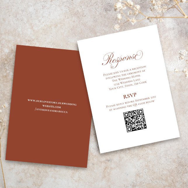 Carte D'accompagnement Terracotta Script Wedding RSVP QR Code (Elegant terracotta RSVP QR code card with modern script for easy online wedding replies)