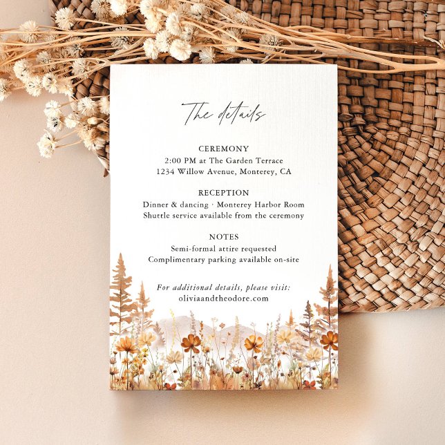 Carte D'accompagnement Terracotta Wildflower Mountain Wedding Details, (Terracotta wildflower mountain wedding details card, elegant rustic boho ceremony & reception info)