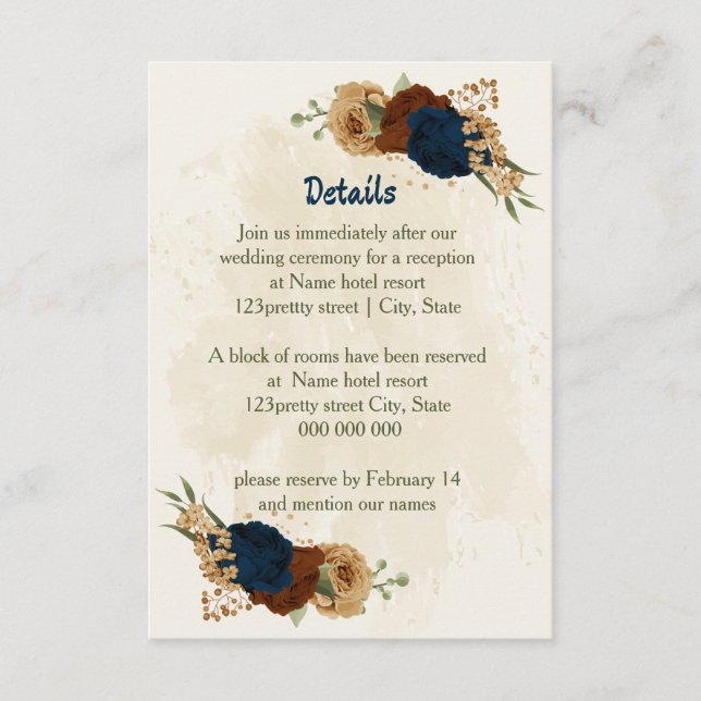 Carte D'accompagnement terre cuite marine fleurs détails mariage (Devant)