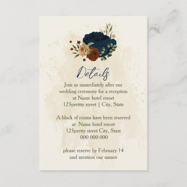 Carte D'accompagnement terre cuite marine fleurs détails mariage (Devant)
