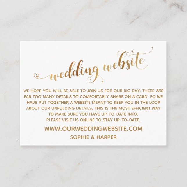 Carte D'accompagnement Texte à cœurs dorés sur site web de mariage blanc (Devant)