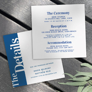 Carte D'accompagnement Texte en gras bleu blanc carré détails mariage