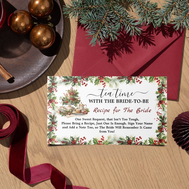 Carte D'accompagnement Thé Chic pour un Mariage de Noël (Chic Time for Tea Christmas Bridal Shower Recipe Enclosure Card holiday holly berries pine leaves )