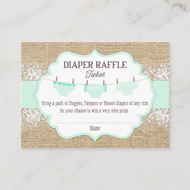 Carte D'accompagnement Ticket Rustique Burlap Lace Seafoam Diaper (Devant)