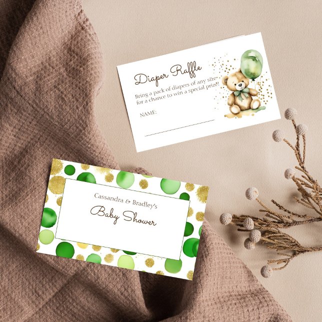 Carte D'accompagnement Tiers attend bébé vert tirage au sort couche bébé  (Bearly wait green gold teddy bear baby shower diaper raffle card)