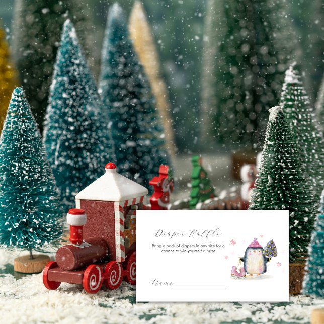 Carte D'accompagnement Tirage au sort de couche pour bébé pingouin d'hive (Pink Winter Penguin Diaper Raffle Baby Shower Enclosure Card)