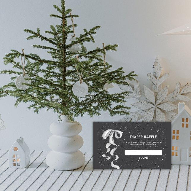 Carte D'accompagnement Tirage au sort des couches Silver Bow Winter Snow  (Silver Bow Winter Snow Diaper Raffle Baby Shower Enclosure Card)