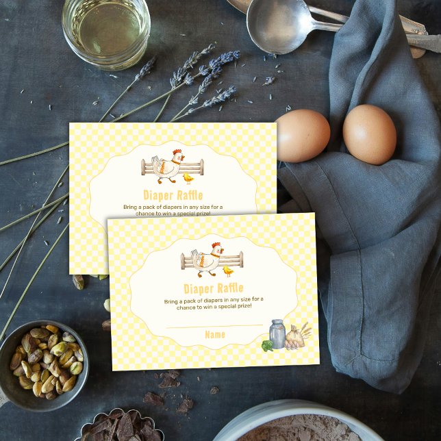 Carte D'accompagnement Tirage de couche bébé Shower poulet Gingham jaune (Yellow Gingham Chicken Diaper Raffle Baby Shower Enclosure Card)