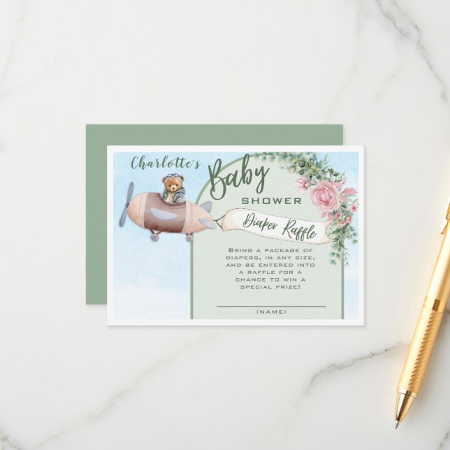 Carte D'accompagnement Tirage de couche pour Baby Shower Ourson Pilote Av (Devant/Arrière en situation)