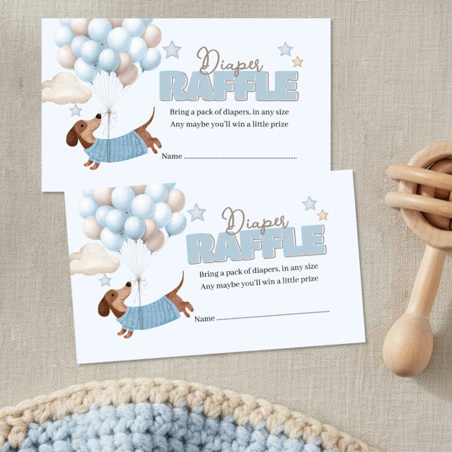 Carte D'accompagnement Tirage de couche pour bébé avec teckel et ballons  (Baby Shower Diaper Raffle Tickets. Dachshund and balloons design in blue and beige)