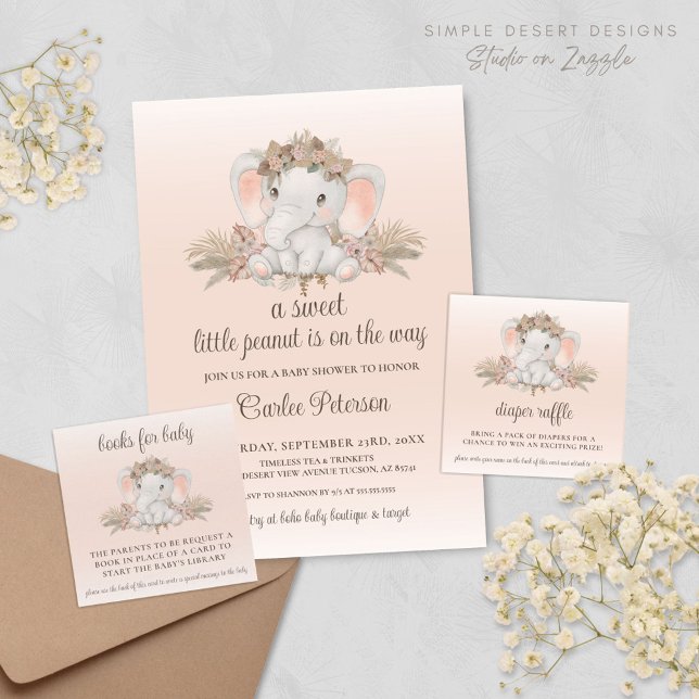 Carte D'accompagnement Tirage de couche pour bébé éléphant Bohème moderne (Cute Elephant Baby Shower Card Inserts for Diaper Raffle and Book Request Cards with Invitation)