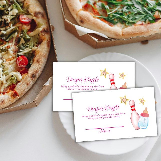 Carte D'accompagnement Tirage Rose Fête de Bébé Bowling Couches  (Pink Strike Up Bowling Diaper Raffle Baby Shower Enclosure Card)