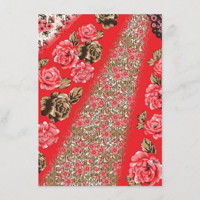 Carte D'accompagnement Tissu rouge éclatant avec floral complexe et (Devant)