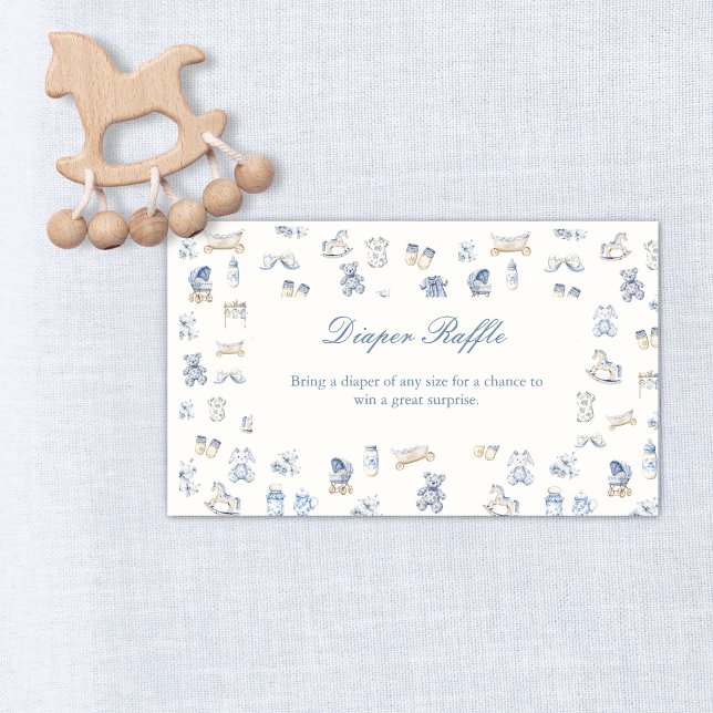 Carte D'accompagnement Toile De Jouy Baby Shower Blue Bow  Diaper Raffle (Toile De Jouy Baby Shower Blue Bow Diaper Raffle Enclosure Card)