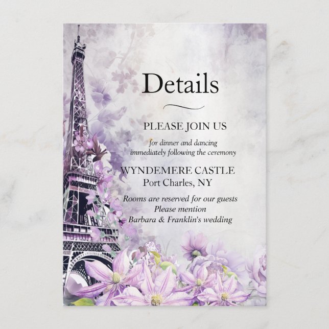 Carte D'accompagnement Tour Eiffel Lavender Romance Mariage (Devant)