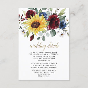 Carte D'accompagnement Tournesol Bourgogne Rose Marine Bleu Russe Mariage