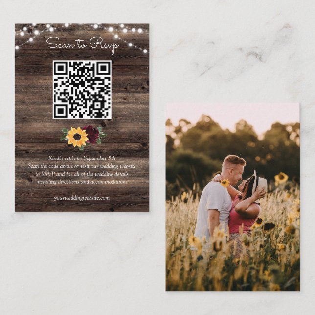 Carte D'accompagnement Tournesol Rose Russe Bois Mariage QR Code RSVP (Devant / Derrière)