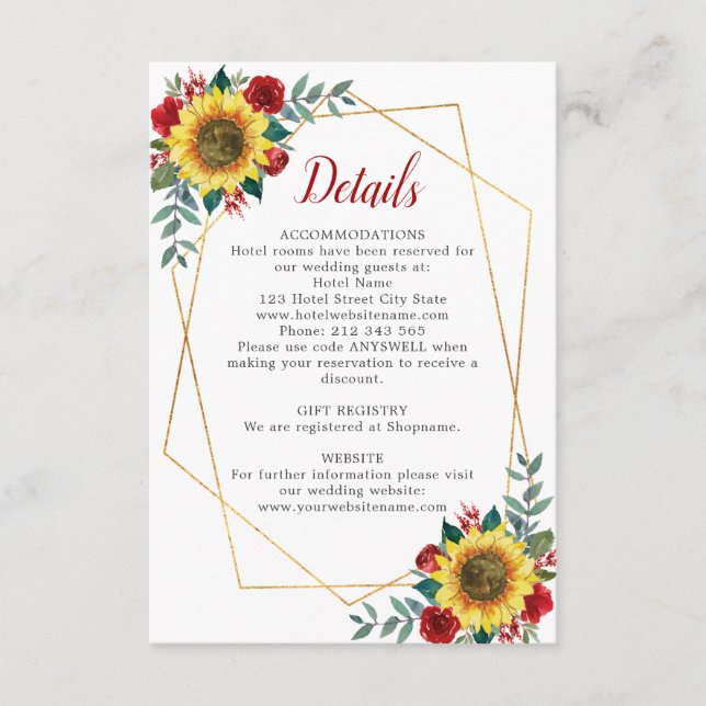 Carte D'accompagnement Tournesol Rouge Floral Détails du Mariage géométri (Devant)