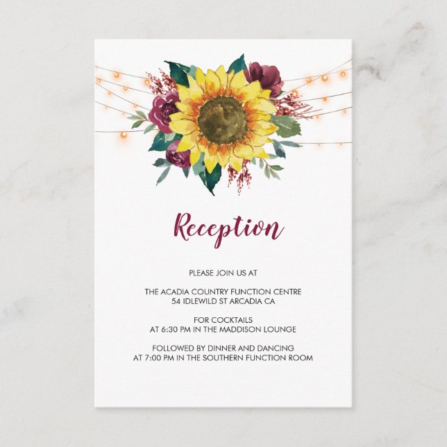 Carte D'accompagnement Tournesol Rustique Lights Floral Mariage Réception (Devant)