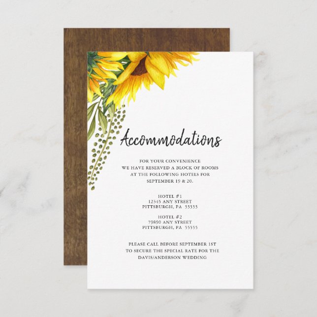 Carte D'accompagnement Tournesols rustiques | Hébergement de mariage (Devant / Derrière)