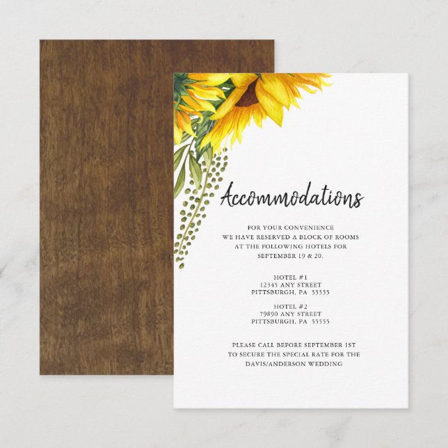 Carte D'accompagnement Tournsoleils Rustiques | Hébergements de Mariage (Devant / Derrière)