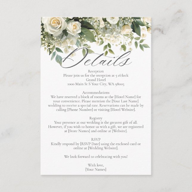 Carte D'accompagnement Toutes les fleurs de mariage en hydrangea blanc et (Devant)