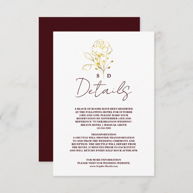 Carte D'accompagnement Trendy Deep Burgundy Gold Monogram Wedding Details (Devant / Derrière)
