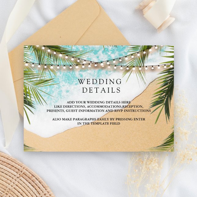 Carte D'accompagnement Tropical Beach Palm String Lights Wedding Details (Créateur téléchargé)