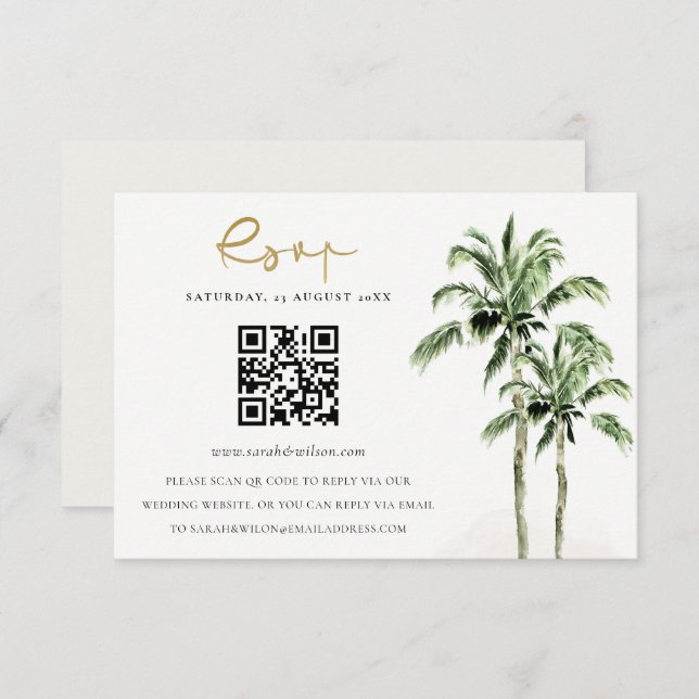 Carte D'accompagnement Tropical Beach Palm Trees Mariage QR Code RSVP (Devant / Derrière)