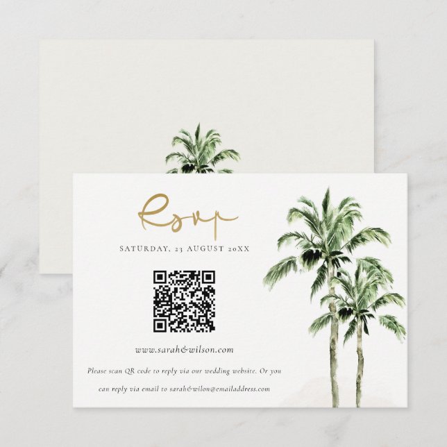 Carte D'accompagnement Tropical Beach Palm Trees Mariage QR Code RSVP (Devant / Derrière)