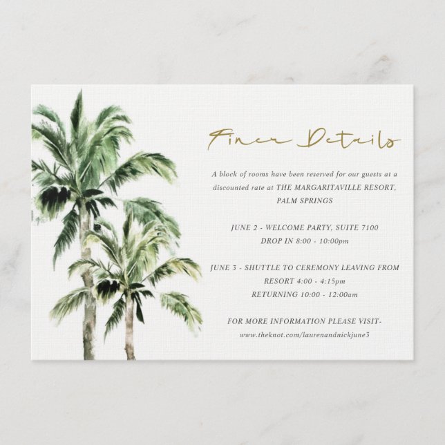 Carte D'accompagnement Tropical Beach Palm Trees Rustic Mariage Détail (Devant)